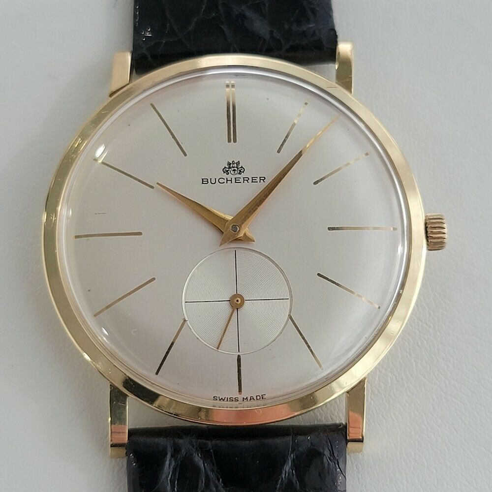 Mens Bucherer 35mm Manual Wind 18k Gold Dress Watch 1970s Swiss Vintag BEVERLY HILLS VINTAGE WATCHES