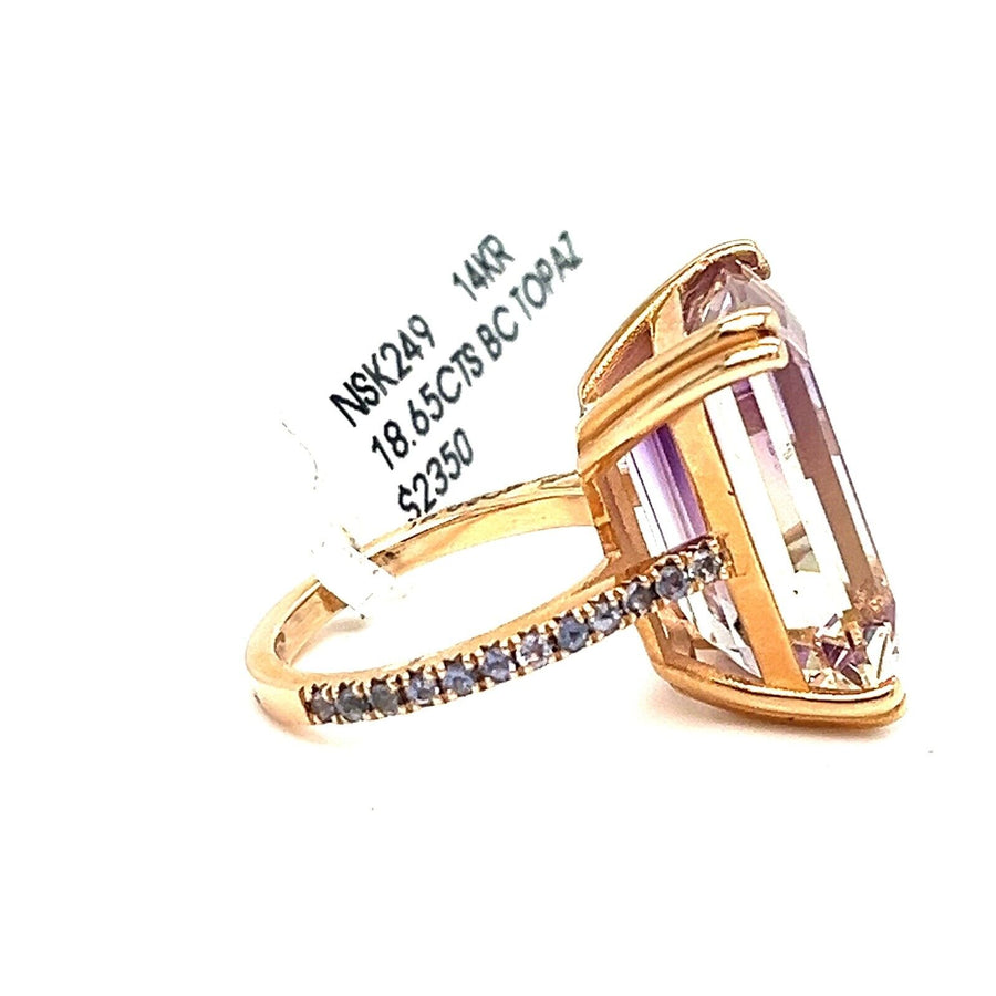 18.65 Carat Bi Color topaz Ring 14k Rose Gold With Tanzanite Micro Pave