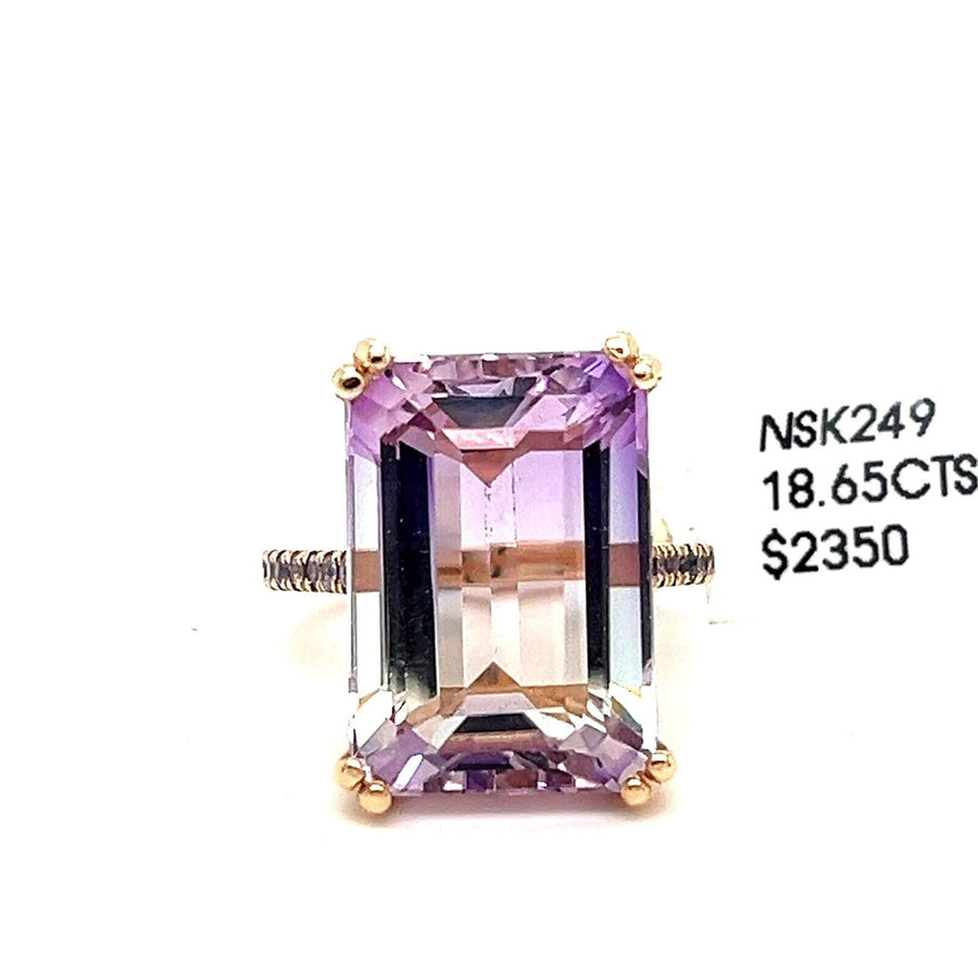 18.65 Carat Bi Color topaz Ring 14k Rose Gold With Tanzanite Micro Pave