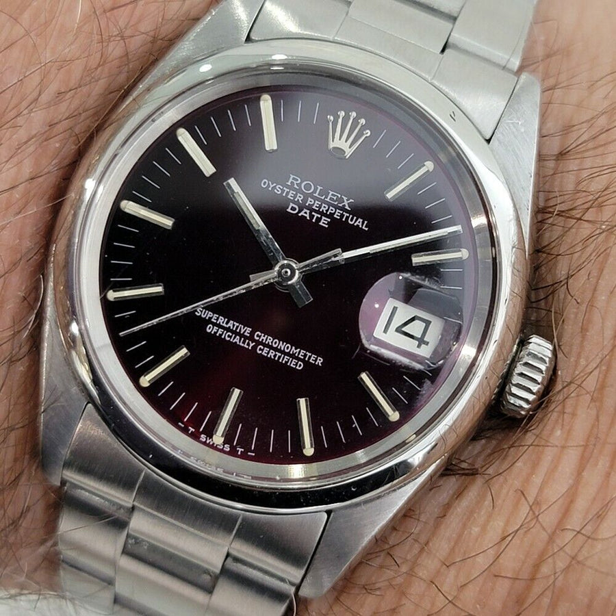 Mens Rolex Oyster Perpetual Date 1501 35mm 1960s Burgundy Dial Automatic RA111