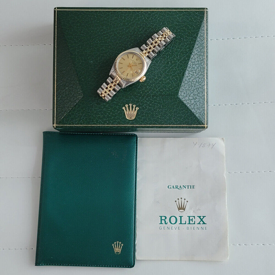 Ladies Rolex Oyster Date 6917 w Box Paper 26mm 18k Gold SS Automatic 1980s RA162