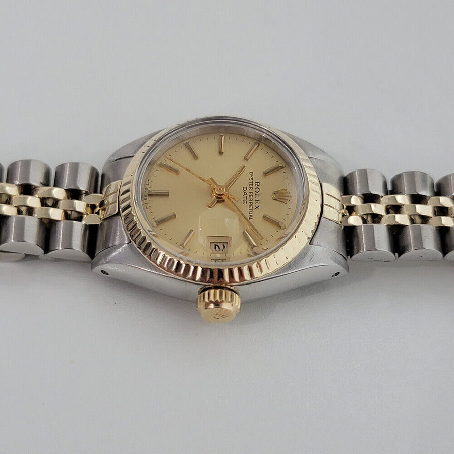 Ladies Rolex Oyster Date 6917 w Box Paper 26mm 18k Gold SS Automatic 1980s RA162