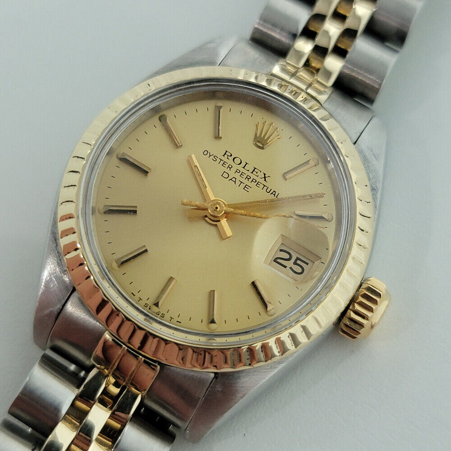 Ladies Rolex Oyster Date 6917 w Box Paper 26mm 18k Gold SS Automatic 1980s RA162