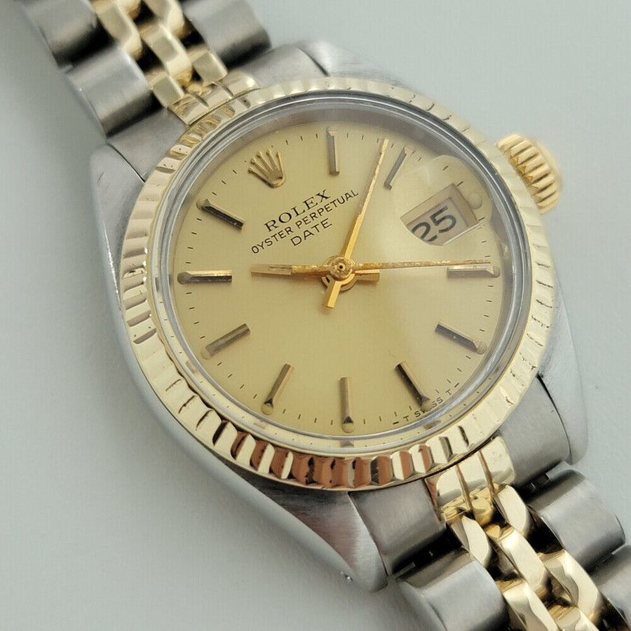 Ladies Rolex Oyster Date 6917 w Box Paper 26mm 18k Gold SS Automatic 1980s RA162