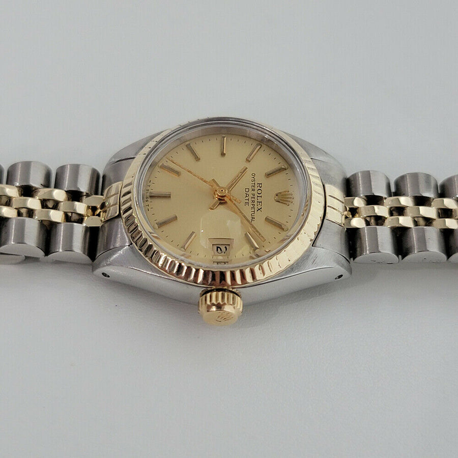 Ladies Rolex Oyster Date 6917 26mm 18k Gold SS Automatic 1980s w Box Paper RA162