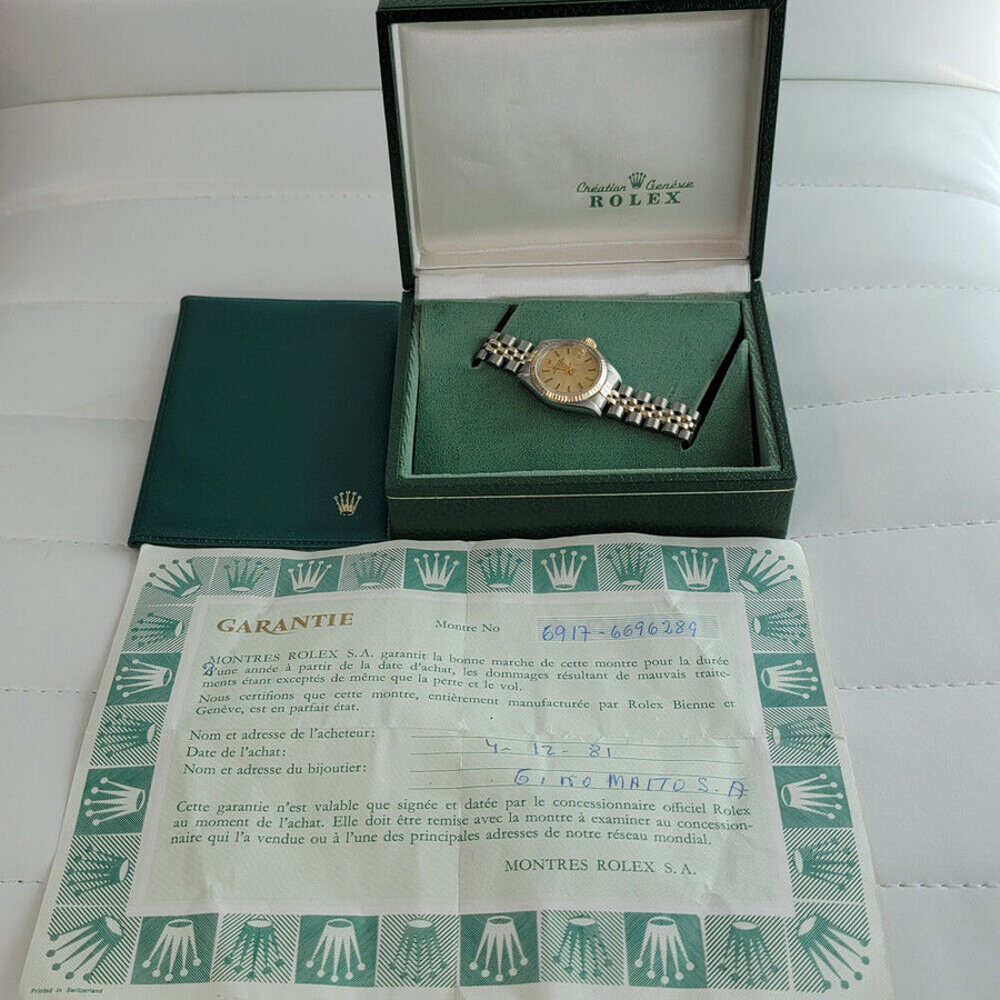 Ladies Rolex Oyster Date 6917 w Box Paper 26mm 18k Gold SS Automatic 1980s RA162