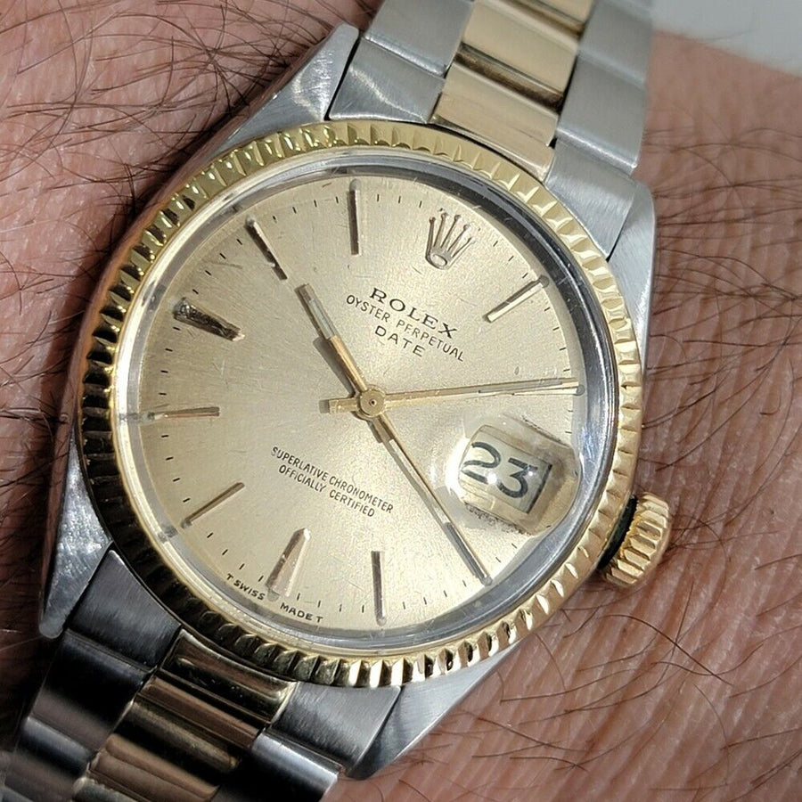 Mens Rolex Oyster Perpetual Date 14k Gold ss 1500 35mm 1960s Automatic RA168