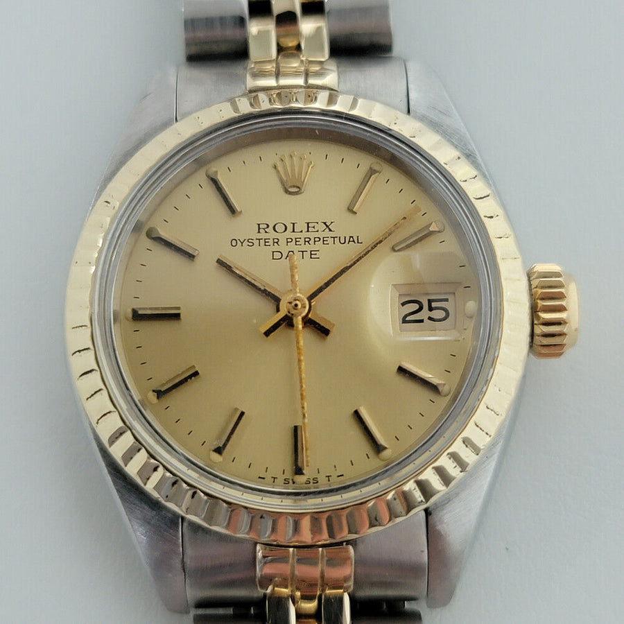 Ladies Rolex Oyster Date 6917 w Box Paper 26mm 18k Gold SS Automatic 1980s RA162