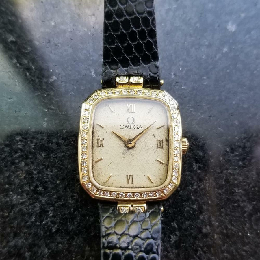 Ladies Omega 18k Solid Gold Diamond 1980s Quartz Dress Watch 18mm Swiss RAC2